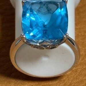 Statement Dinner Ring - Blue Topaz with Diamonds set in 14k white gold.